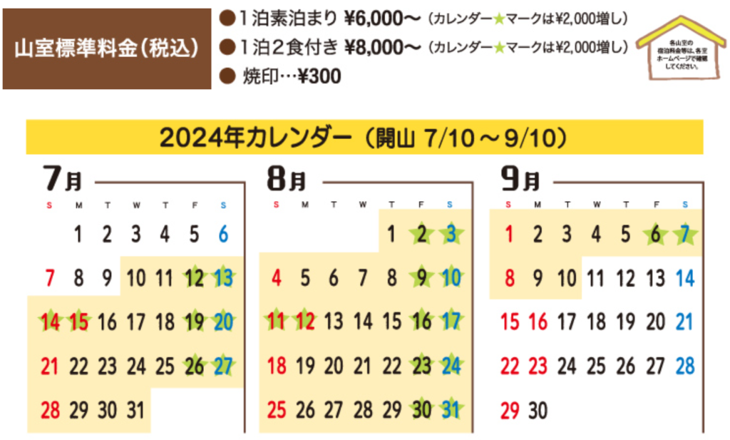 富士宮ルート　山小屋　２０２４年　カレンダー