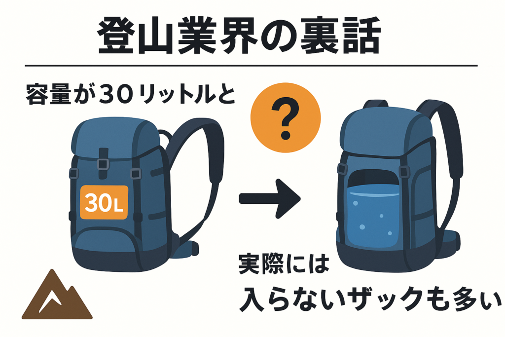 『容量が30リットルと書かれていても、実際には30リットル分入らないザックも多い』